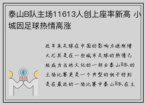 泰山B队主场11613人创上座率新高 小城因足球热情高涨