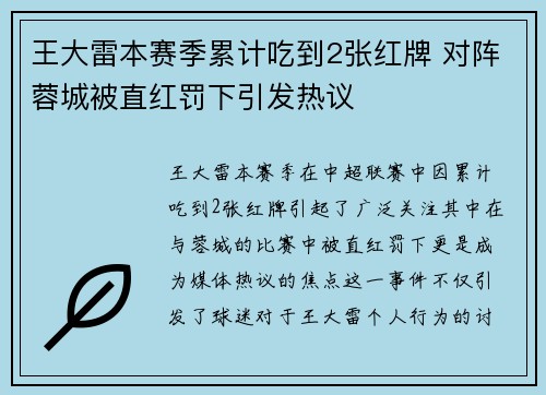 王大雷本赛季累计吃到2张红牌 对阵蓉城被直红罚下引发热议