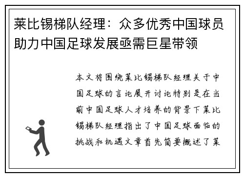 莱比锡梯队经理：众多优秀中国球员助力中国足球发展亟需巨星带领