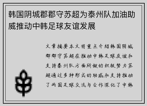 韩国阴城郡郡守苏超为泰州队加油助威推动中韩足球友谊发展