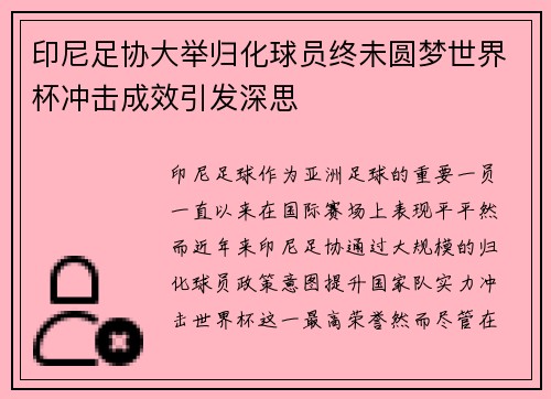 印尼足协大举归化球员终未圆梦世界杯冲击成效引发深思 印尼足协大举归化球员终未圆梦世界杯冲击成效引发深思